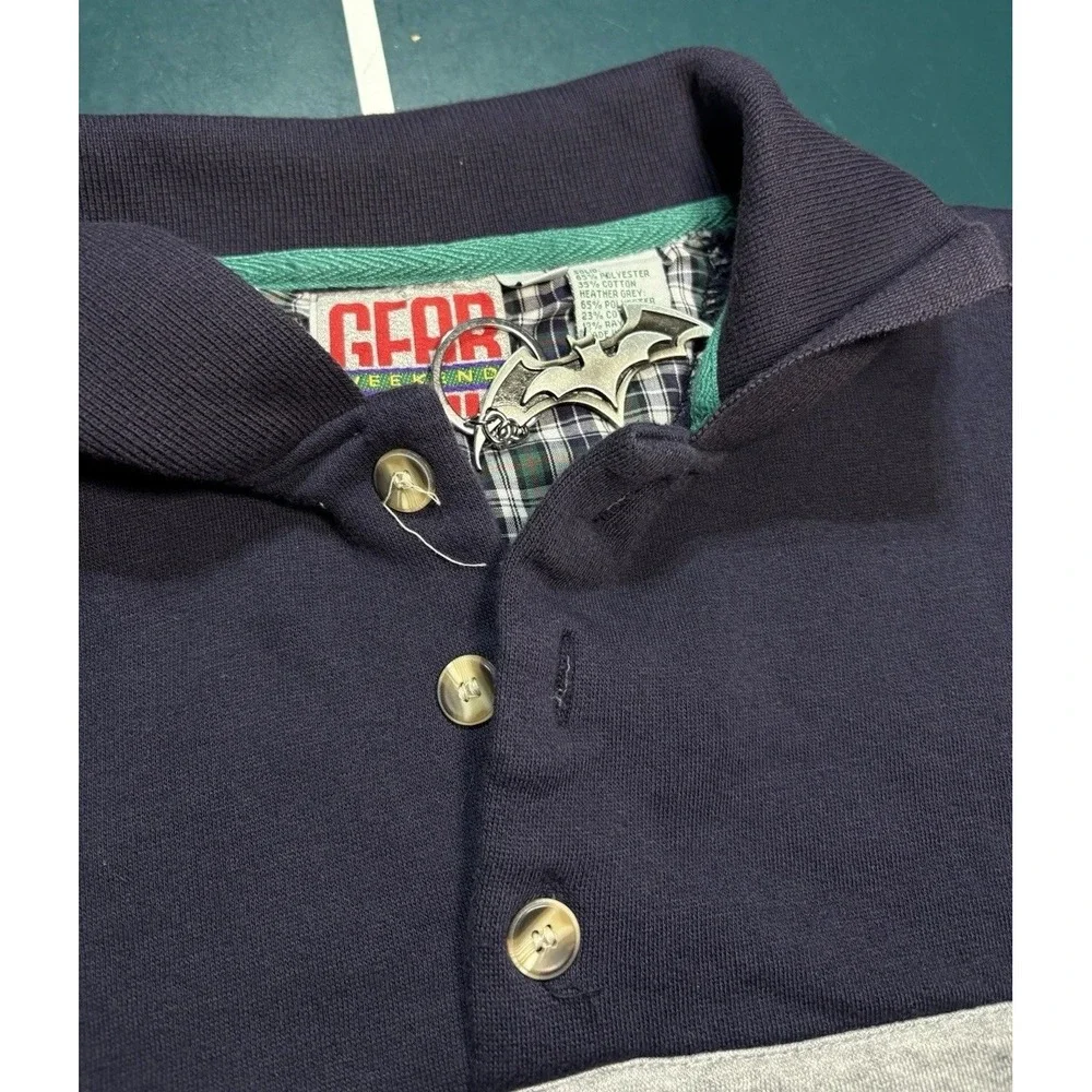 Vintage Rugby Sweater Men Large Striped Pullover 90s Retro Gray Navy Color Block